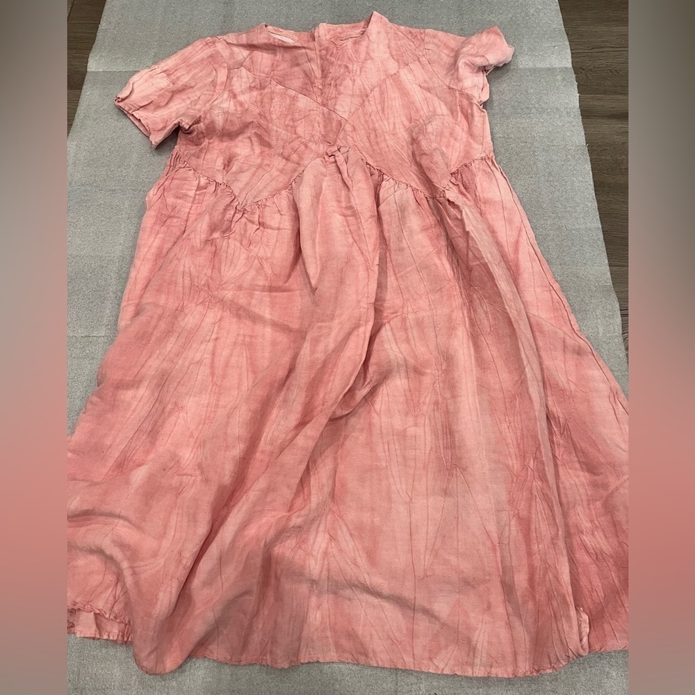 [L]Pink Tie Dye Linen Viscose Blend SS Dress Babydoll Lagenlook crewneck